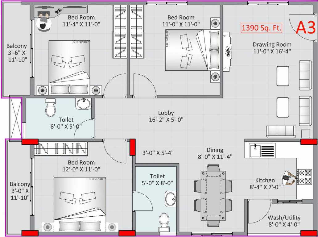 Adithya Lujoso (3BHK+2T (1,390 sq ft) 1390 sq ft)
