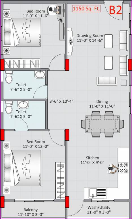 Adithya Lujoso (2BHK+2T (1,150 sq ft) 1150 sq ft)