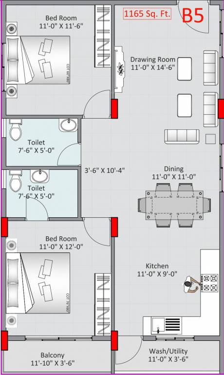 Adithya Lujoso (2BHK+2T (1,165 sq ft) 1165 sq ft)