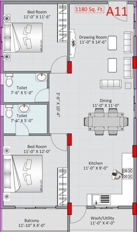 Adithya Lujoso (2BHK+2T (1,180 sq ft) 1180 sq ft)