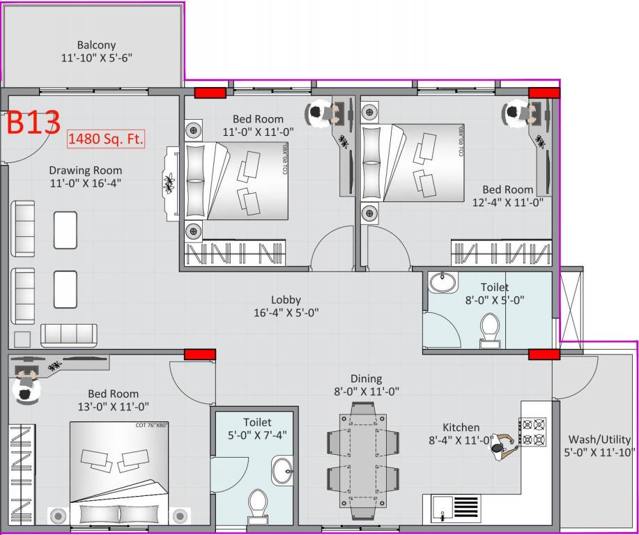 Adithya Lujoso (3BHK+2T (1,480 sq ft) 1480 sq ft)