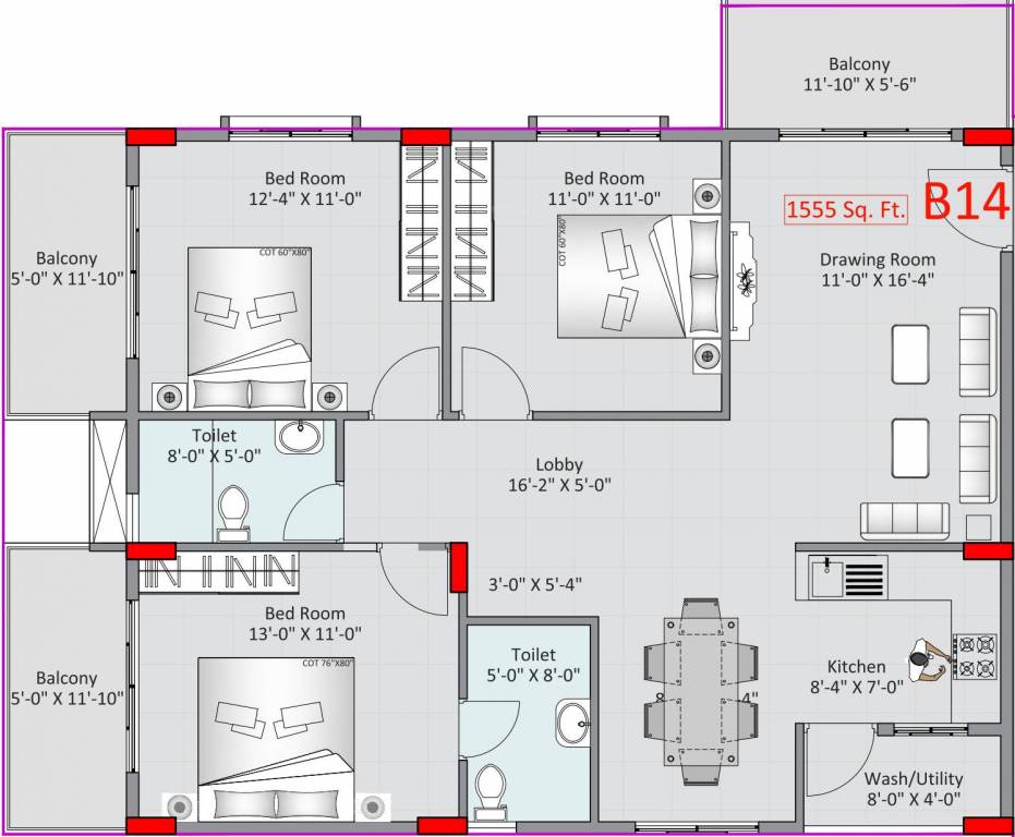 Adithya Lujoso (3BHK+2T (1,555 sq ft) 1555 sq ft)